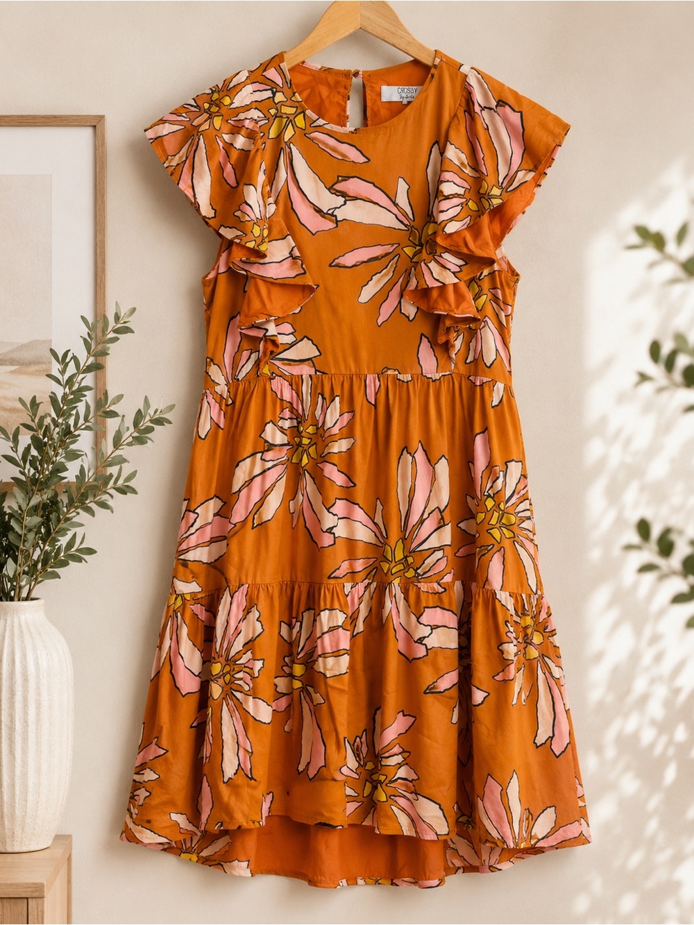 Crosby by Mollie Burch Floral Ruffle Midi Dress Women’s Small Orange Pink Tiered